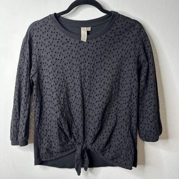 Allison Joy Black Eyelet Lace Front Tie 3/4 Sleeve Round Neck Blouse XS - Picture 10 of 10